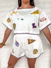Load image into Gallery viewer, Queen Of Sparkles LSU Mini Embroidered Edge Cotton Shorts