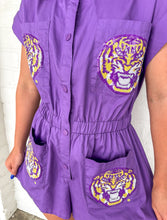 Load image into Gallery viewer, Queen Of Sparkles Purple &amp; Gold LSU Tiger Head Button Up Romper