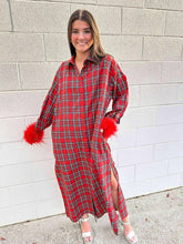 Load image into Gallery viewer, Queen Of Sparkles Red &amp; Green Plaid Feather Sleeve Button Up Midi Dress