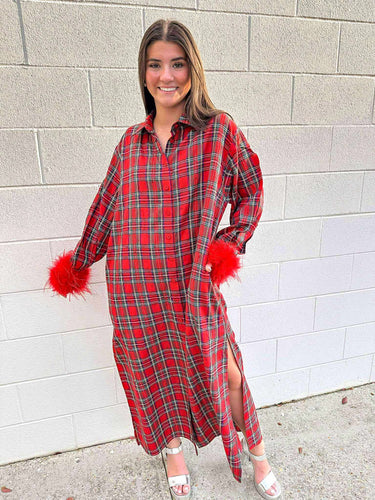Queen Of Sparkles Red & Green Plaid Feather Sleeve Button Up Midi Dress