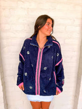 Load image into Gallery viewer, Queen Of Sparkles Navy Rhinestone Zip Up Fleece