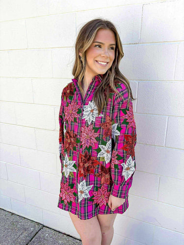 Queen Of Sparkles Pink Plaid Poinsettia Button Up Long Sleeve Dress