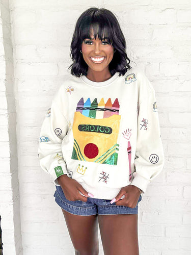 Queen Of Sparkles Beige Multi Crayon And Doodle Sweatshirt
