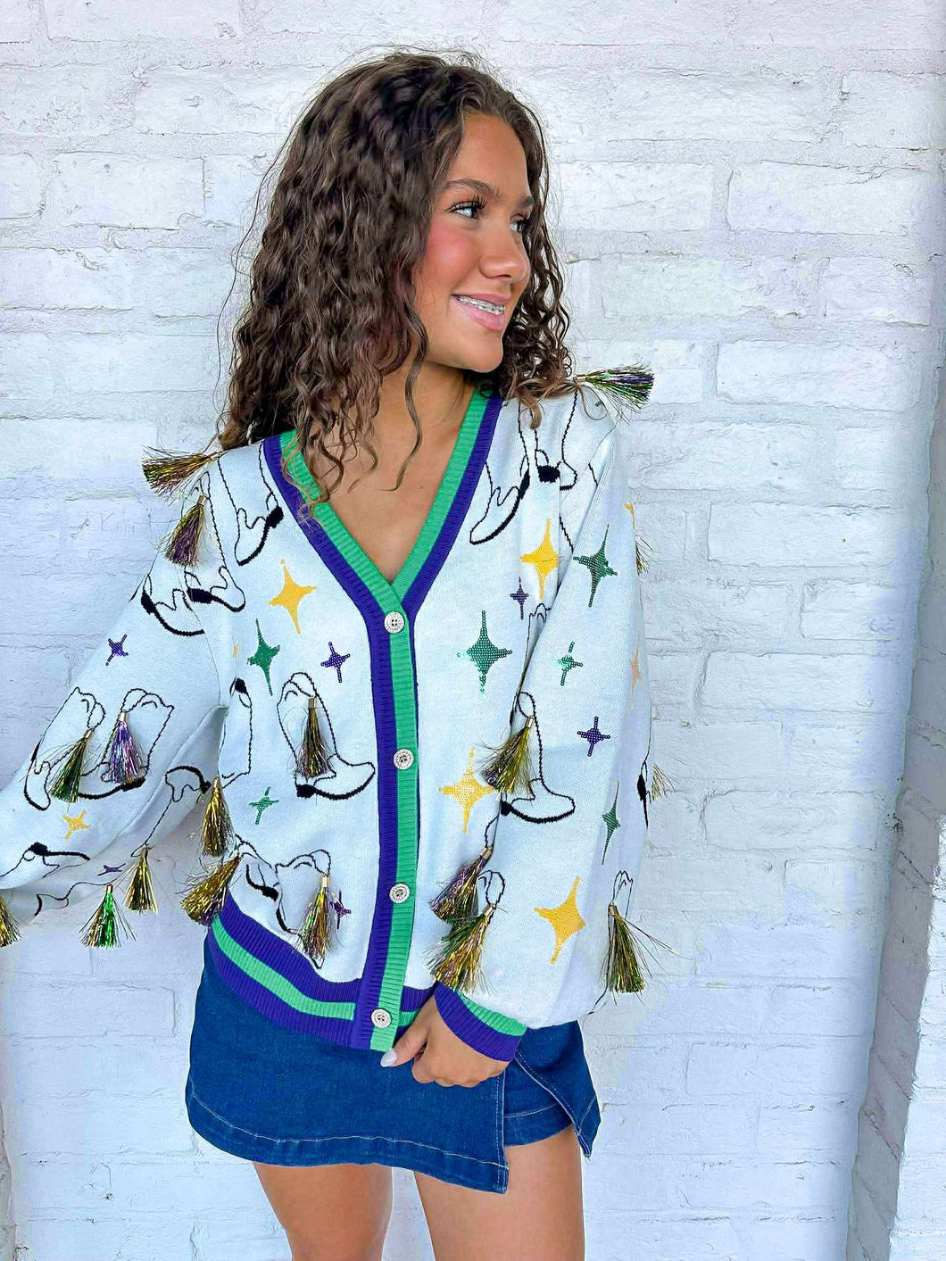 Queen Of Sparkles Green & Purple Trim MG Boots With Tinsel Cardigan