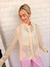 Load image into Gallery viewer, Queen Of Sparkles Beige Silk Rhinestone Skeleton Button Down Top