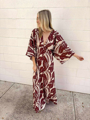 Fall Settings Brown Kimono Maxi Dress