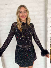 Load image into Gallery viewer, Queen Of Sparkles Black Feather Multi Rhinestone Sequin Romper