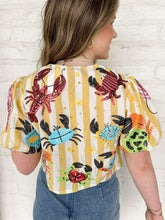Load image into Gallery viewer, Queen Of Sparkles Yellow Stripe Crab &amp; Lobster Tie Top