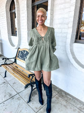 Load image into Gallery viewer, Stay Awhile Olive Pleated Long-Sleeve Romper