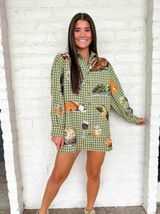 Queen Of Sparkles Green Plaid Thanksgiving Icons Button Up Dress