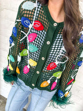 Load image into Gallery viewer, Queen Of Sparkles Green Crochet Multi Christmas Light Cardigan