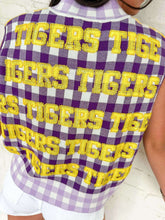 Load image into Gallery viewer, Queen Of Sparkles Licensed LSU Gingham Sequin Beaded Word Knit Tank