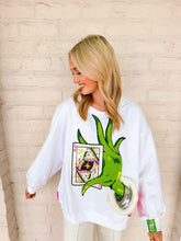 Load image into Gallery viewer, Queen Of Sparkles White &amp; Green Hand Holding QOS Card Sweatshirt