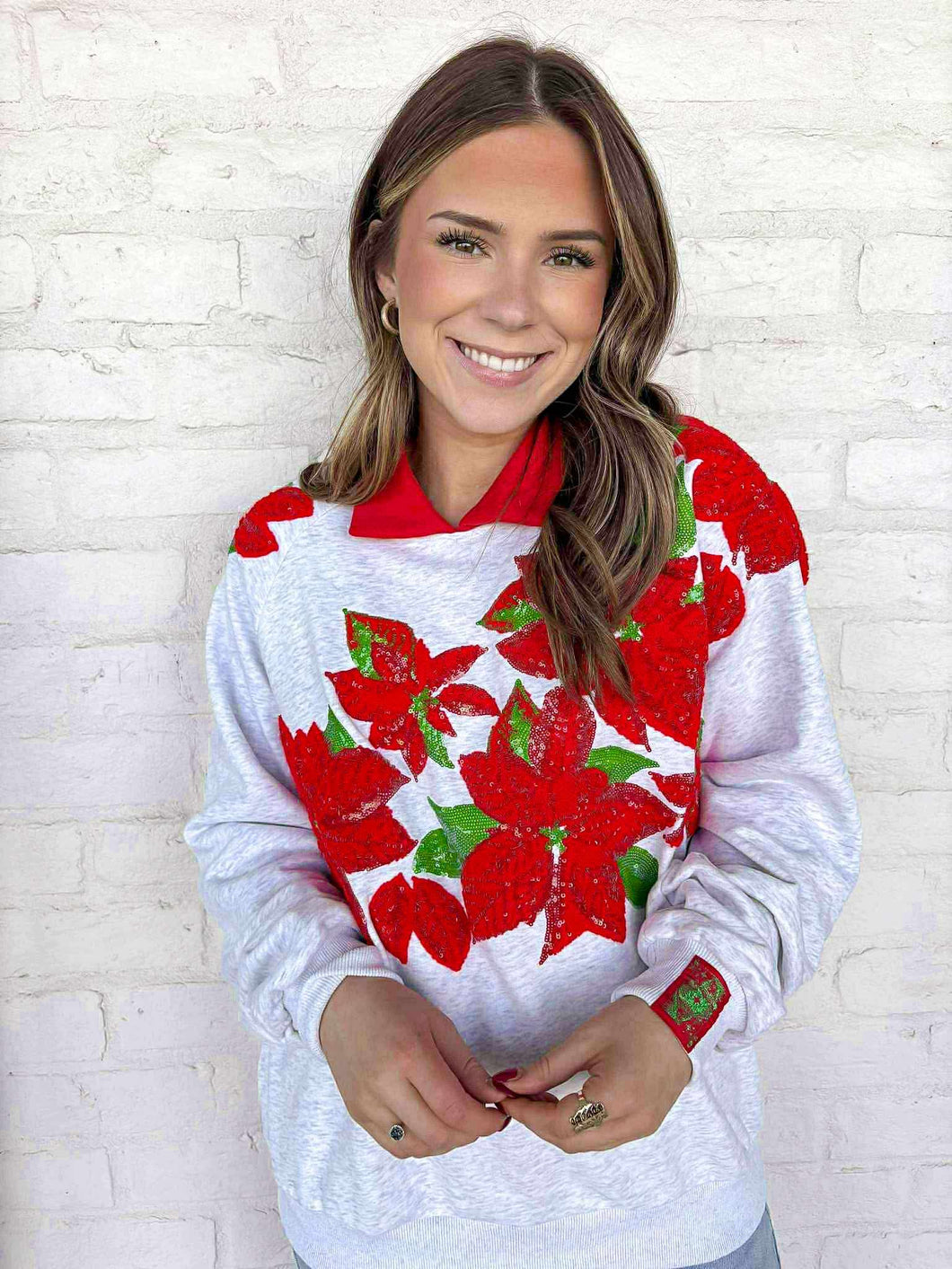 Queen Of Sparkles Grey And Red Collar Poinsettia Sweatshirt