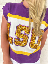 Load image into Gallery viewer, Queen Of Sparkles Licensed LSU Color block Jewel Letter Short Sleeve Sweater
