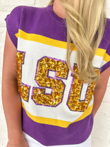 Queen Of Sparkles Licensed LSU Color block Jewel Letter Short Sleeve Sweater