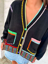 Load image into Gallery viewer, Queen Of Sparkles Black Rainbow Trim button up Cardigan