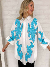 Load image into Gallery viewer, Queen Of Sparkles White &amp; Jeweled Turquoise Button Up Tunic