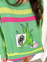 Load image into Gallery viewer, Queen Of Sparkles Green &amp; Pink Hand Holding QOS Card Sweater