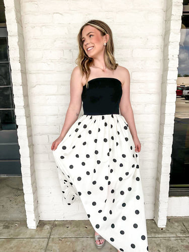 Escape The Crowds Strapless Polka Dot Dress