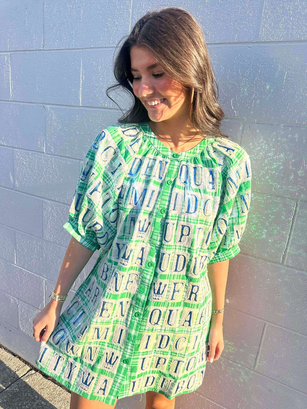 Queen Of Sparkles Green NOLA Street Tile Button Up Dress
