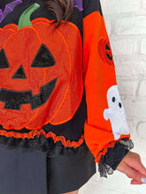 Load image into Gallery viewer, Queen Of Sparkles Multi Ruffle Lace Trim Pumpkin &amp; Bat Sweatshirt