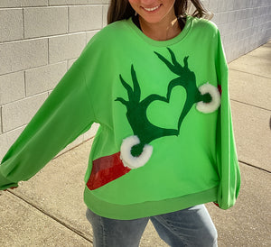 Queen Of Sparkles Green Grinch Heart Hands Sweatshirt
