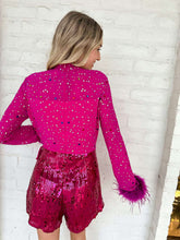 Load image into Gallery viewer, Queen Of Sparkles Pink Feather Multi Rhinestone Sequin Romper