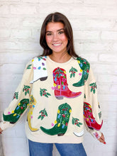 Load image into Gallery viewer, Queen Of Sparkles Beige Multi Christmas Cowboy Boots Sweatshirt