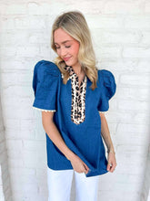 Load image into Gallery viewer, Eyes Ahead Denim Leopard Top