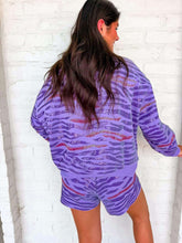 Load image into Gallery viewer, Queen Of Sparkles Purple Sequin Tiger Print QOS Card Mock Neck Sweatshirt