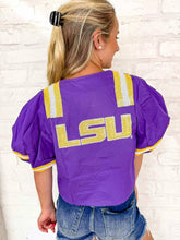 Load image into Gallery viewer, Queen Of Sparkles Licensed Purple LSU Cotton Tie Front Jersey Top