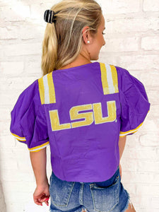 Queen Of Sparkles Licensed Purple LSU Cotton Tie Front Jersey Top