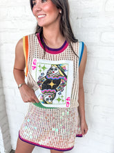 Load image into Gallery viewer, Queen Of Sparkles Ivory Rainbow Trim QOS Card Crochet Tank