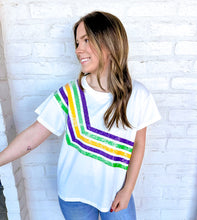 Load image into Gallery viewer, Queen Of Sparkles White Diagonal Mardi Gras Stripe Tee