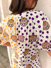 Load image into Gallery viewer, Queen Of Sparkles Licensed LSU Mascot Polka Dot Colorblock Button Up Top