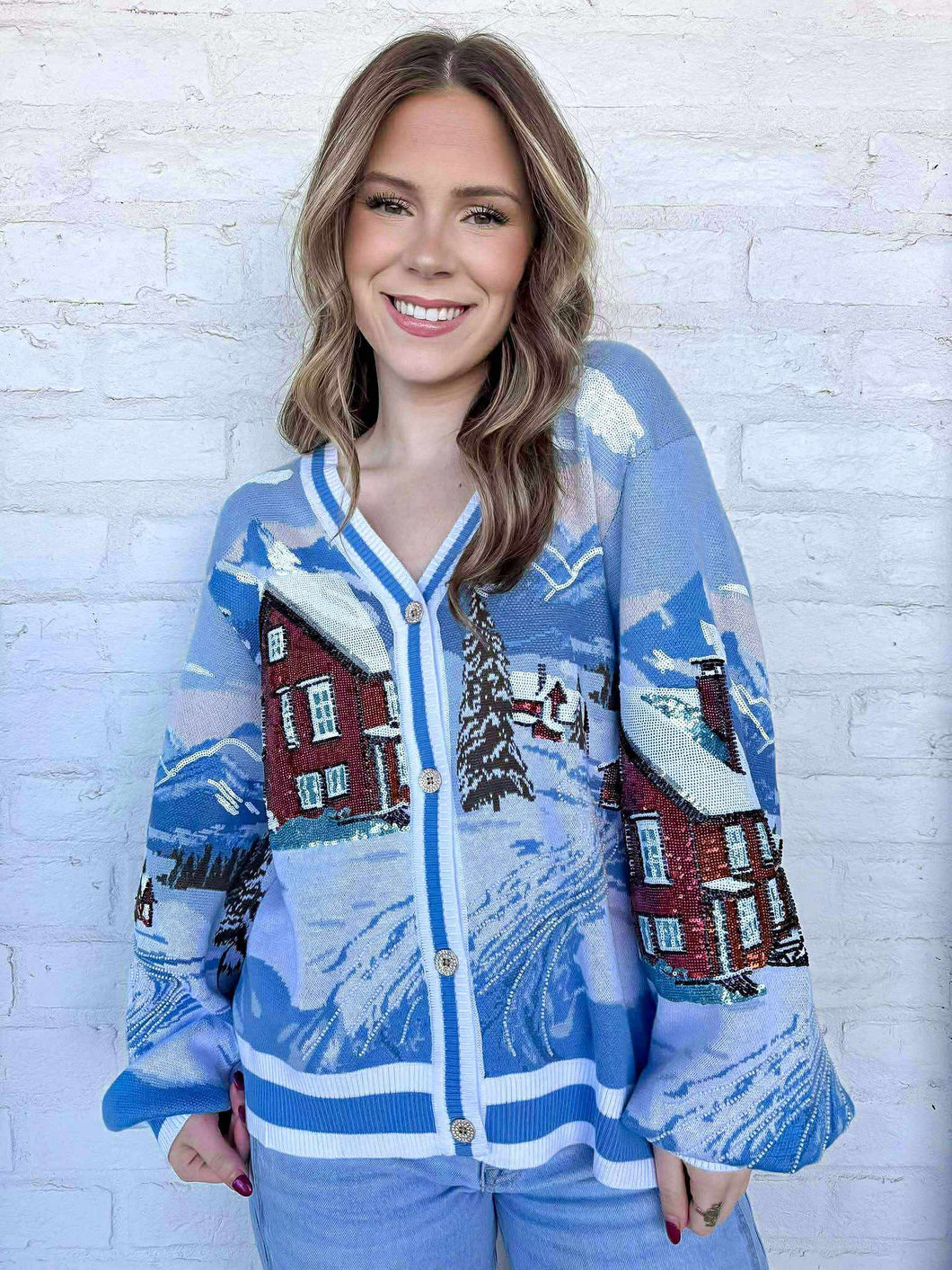 Queen Of Sparkles Blue & White Snow Town Cardigan