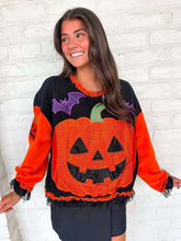 Load image into Gallery viewer, Queen Of Sparkles Multi Ruffle Lace Trim Pumpkin &amp; Bat Sweatshirt