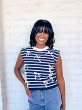 Load image into Gallery viewer, Striped Madness Navy Bow Top