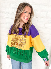 Load image into Gallery viewer, Queen Of Sparkles Purple, Yellow &amp; Green Striped Queen Card Sweatshirt