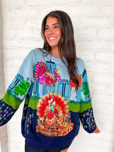 Load image into Gallery viewer, Queen Of Sparkles Multi Thanksgiving Parade Blue Sweater