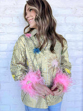 Load image into Gallery viewer, Queen Of Sparkles Gold Stripe Sparkler Feather Sleeve Top