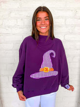 Load image into Gallery viewer, Queen Of Sparkles Dark Purple Gingham Witch Hat Mockneck