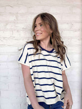 Load image into Gallery viewer, Set A Goal Navy Striped Sweater Top