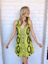 Load image into Gallery viewer, Queen Of Sparkles Lime Green &amp;  Black Snake Print Full Sequin V Neck Tank Dress