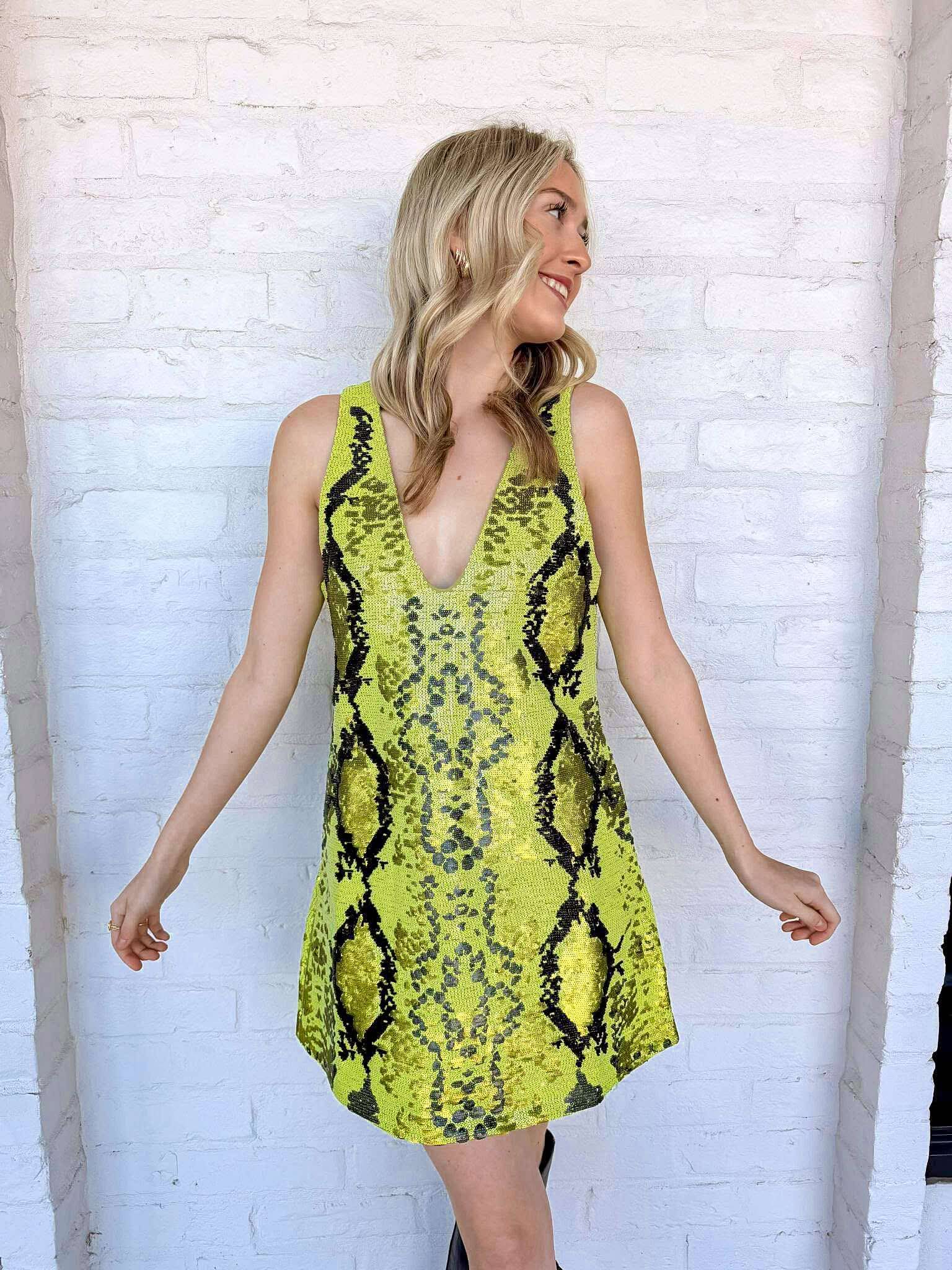 Queen Of Sparkles Lime Green & Black Snake Print Full Sequin V Neck Ta –  Shop Shoetique