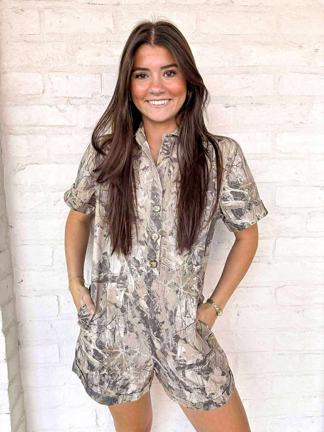 Tune In Camo Denim Romper
