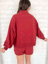 Load image into Gallery viewer, Queen Of Sparkles Maroon &amp; Grey Scattered Jewel QOS Card Logo Sweatshirt