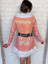 Load image into Gallery viewer, Queen Of Sparkles Pink Sequin Feather Trim Santa Knit Dress