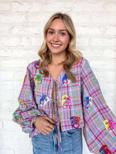 Load image into Gallery viewer, Queen Of Sparkles Lavender Plaid Mardi Gras Mask Tie Top